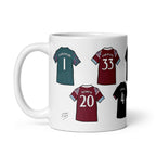 Ceramic mug featuring Player jerseys of some of the players who won West Ham United their first trophy in Prague, 2023