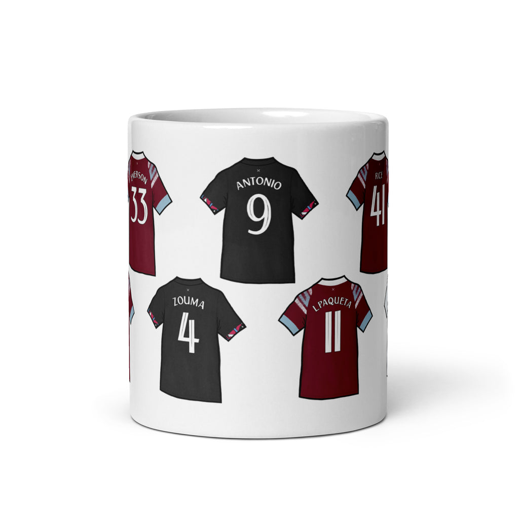 Ceramic mug featuring Player jerseys of some of the players who won West Ham United their first trophy in Prague, 2023