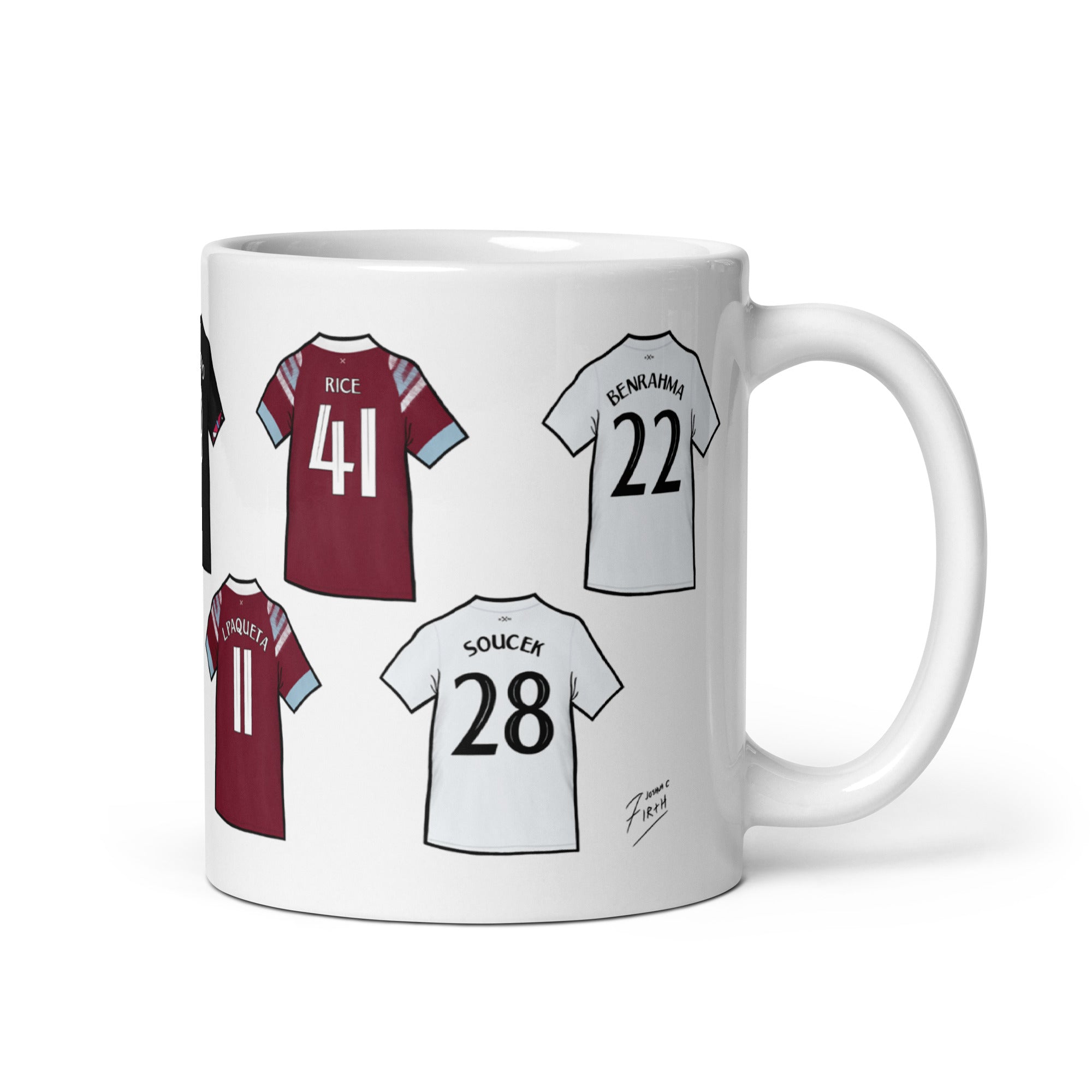 Ceramic mug featuring Player jerseys of some of the players who won West Ham United their first trophy in Prague, 2023