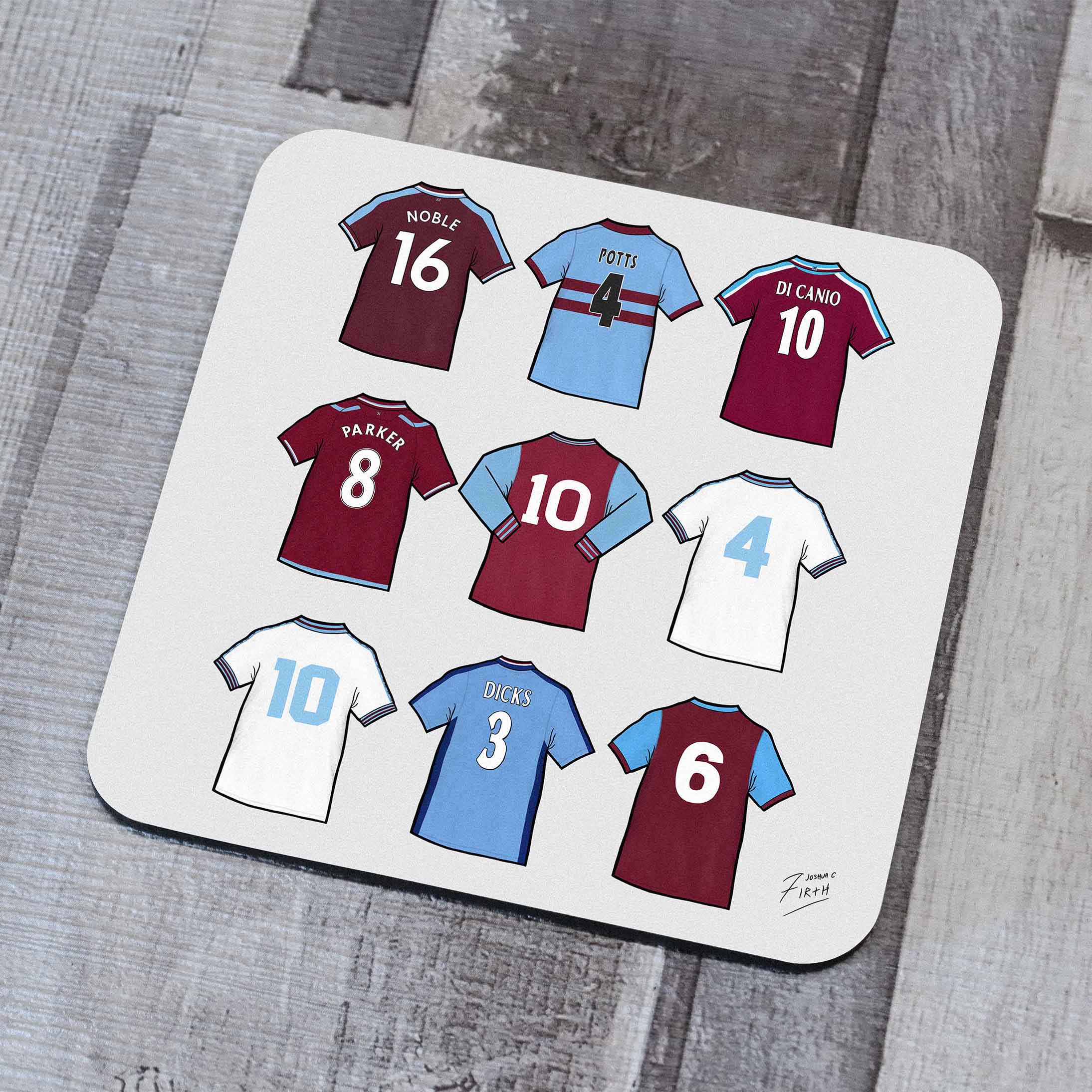 Coaster artwork inspired by the legendary shirts worn by the greatest football players in the history of West Ham United, such as Di Canio, Mark Noble, Bobby Moore, Scott Parker & more!