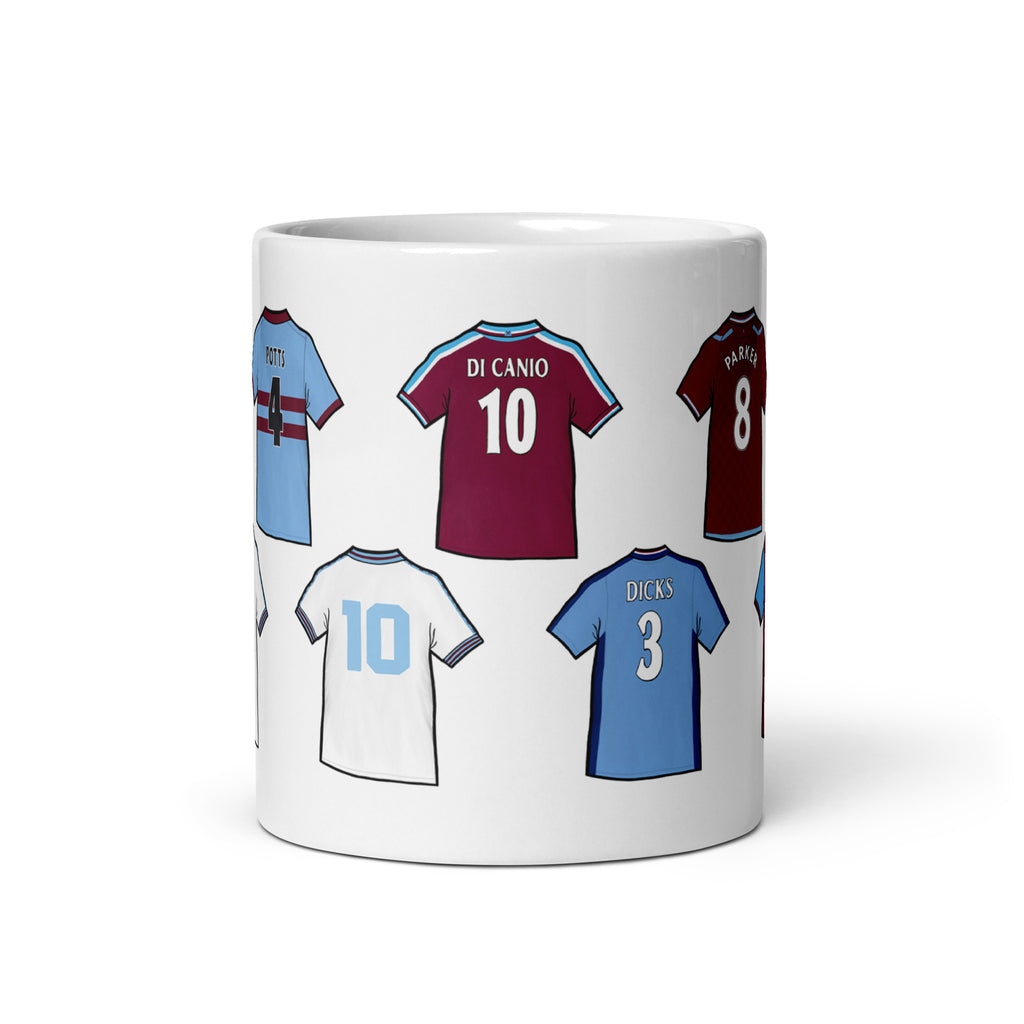 Mug featuring legendary shirts of the players that have worn the famous West Ham United shirts over the years. Players such as Mark Noble, Steve Potts, Trevor Brooking & more!