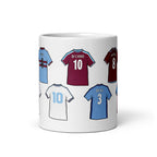 Mug featuring legendary shirts of the players that have worn the famous West Ham United shirts over the years. Players such as Mark Noble, Steve Potts, Trevor Brooking & more!