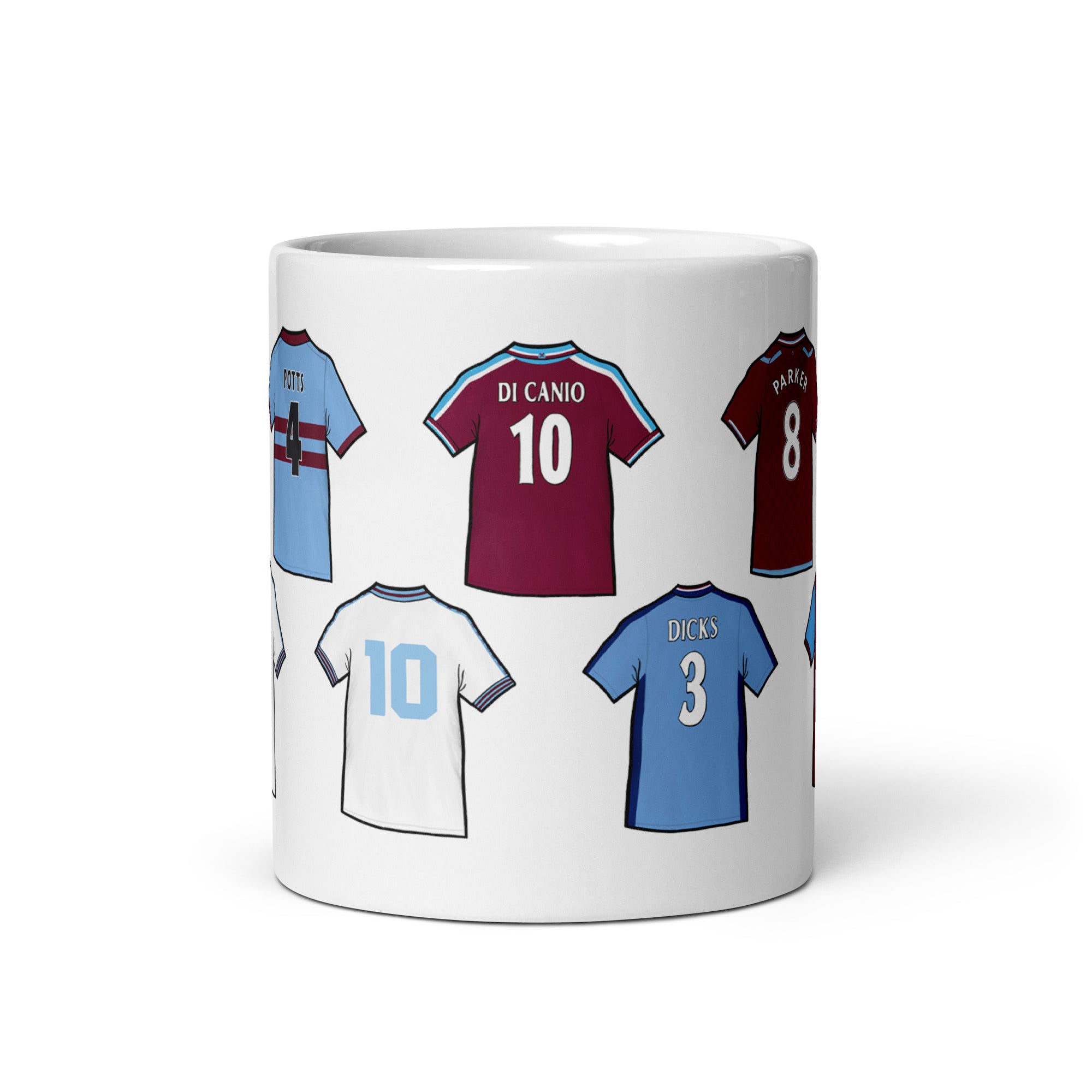 Mug featuring legendary shirts of the players that have worn the famous West Ham United shirts over the years. Players such as Mark Noble, Steve Potts, Trevor Brooking & more!