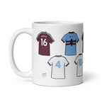 Mug featuring legendary shirts of the players that have worn the famous West Ham United shirts over the years. Players such as Mark Noble, Steve Potts, Trevor Brooking & more!
