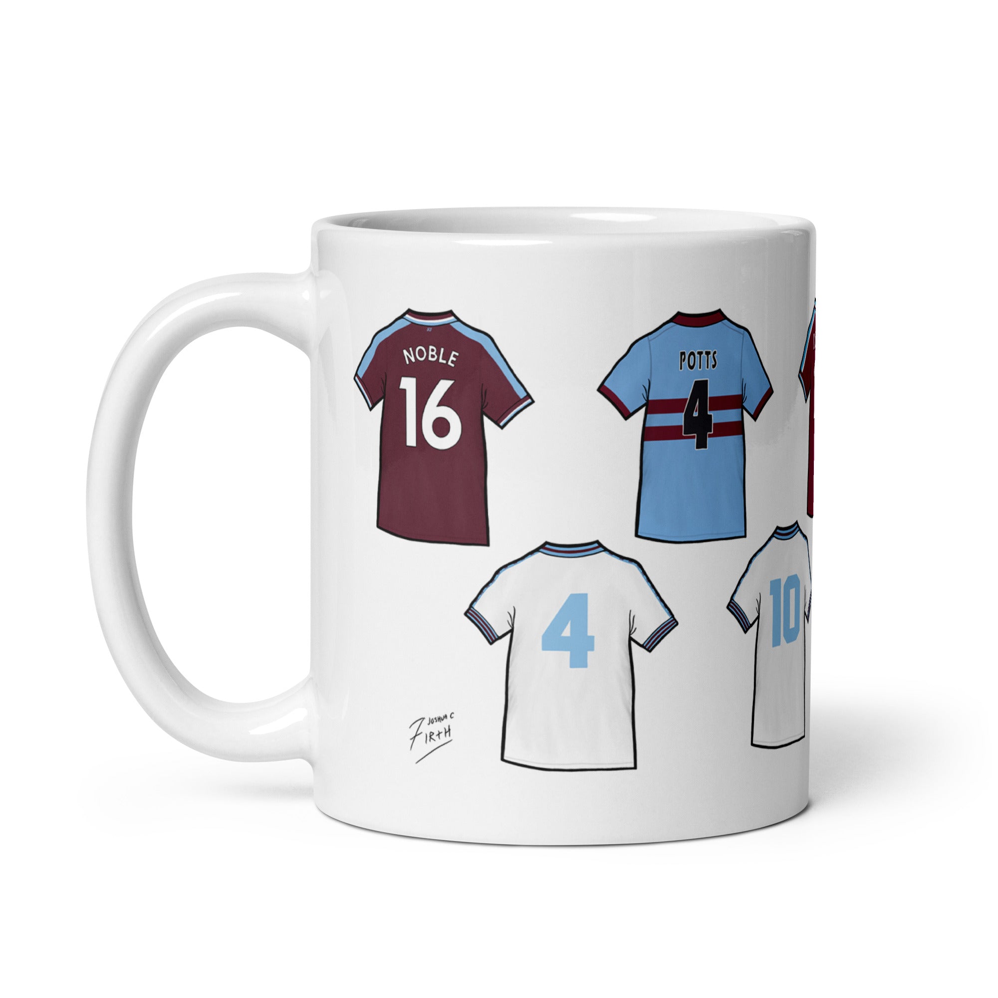 Mug featuring legendary shirts of the players that have worn the famous West Ham United shirts over the years. Players such as Mark Noble, Steve Potts, Trevor Brooking & more!