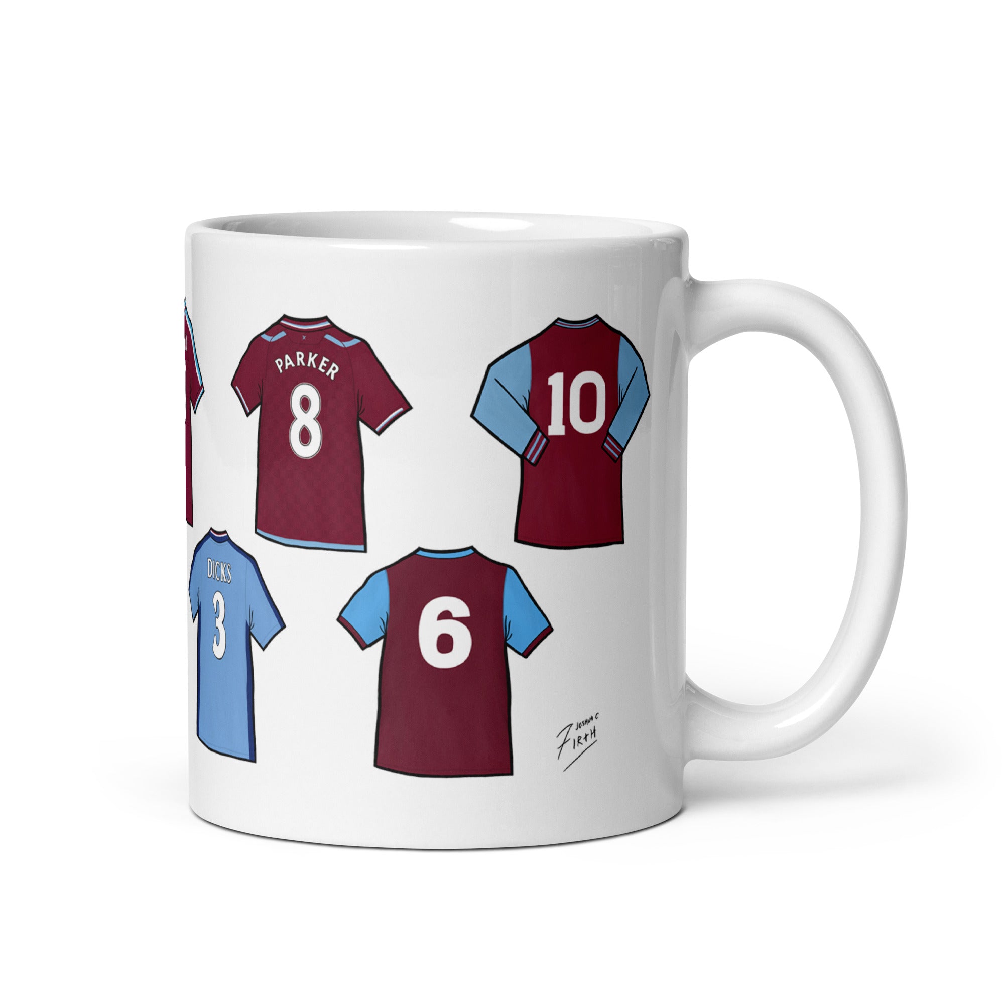 Mug featuring legendary shirts of the players that have worn the famous West Ham United shirts over the years. Players such as Mark Noble, Steve Potts, Trevor Brooking & more!