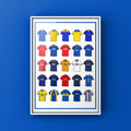 Wimbledon FC Retro Shirts Art Print featuring 25 hand-drawn classic football shirts, showcasing the club’s most iconic kits through the years. A tribute to the Dons’ proud history and unique footballing journey, captured in detailed, vintage-inspired illustrations