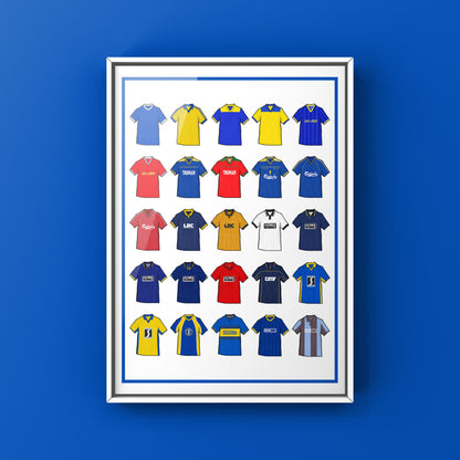 Wimbledon FC Retro Shirts Art Print featuring 25 hand-drawn classic football shirts, showcasing the club’s most iconic kits through the years. A tribute to the Dons’ proud history and unique footballing journey, captured in detailed, vintage-inspired illustrations
