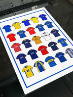 Wimbledon FC Retro Shirts Art Print featuring 25 hand-drawn classic football shirts, showcasing the club’s most iconic kits through the years. A tribute to the Dons’ proud history and unique footballing journey, captured in detailed, vintage-inspired illustrations