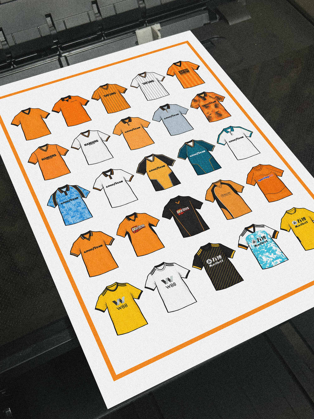 Poster artwork inspired by Wolverhampton Wanderers FC football shirts, featuring a stylized design with gold, black, and white color elements, classic jersey patterns, and the club crest subtly incorporated. The print captures the spirit of Wolves' rich football heritage with a bold, contemporary aesthetic