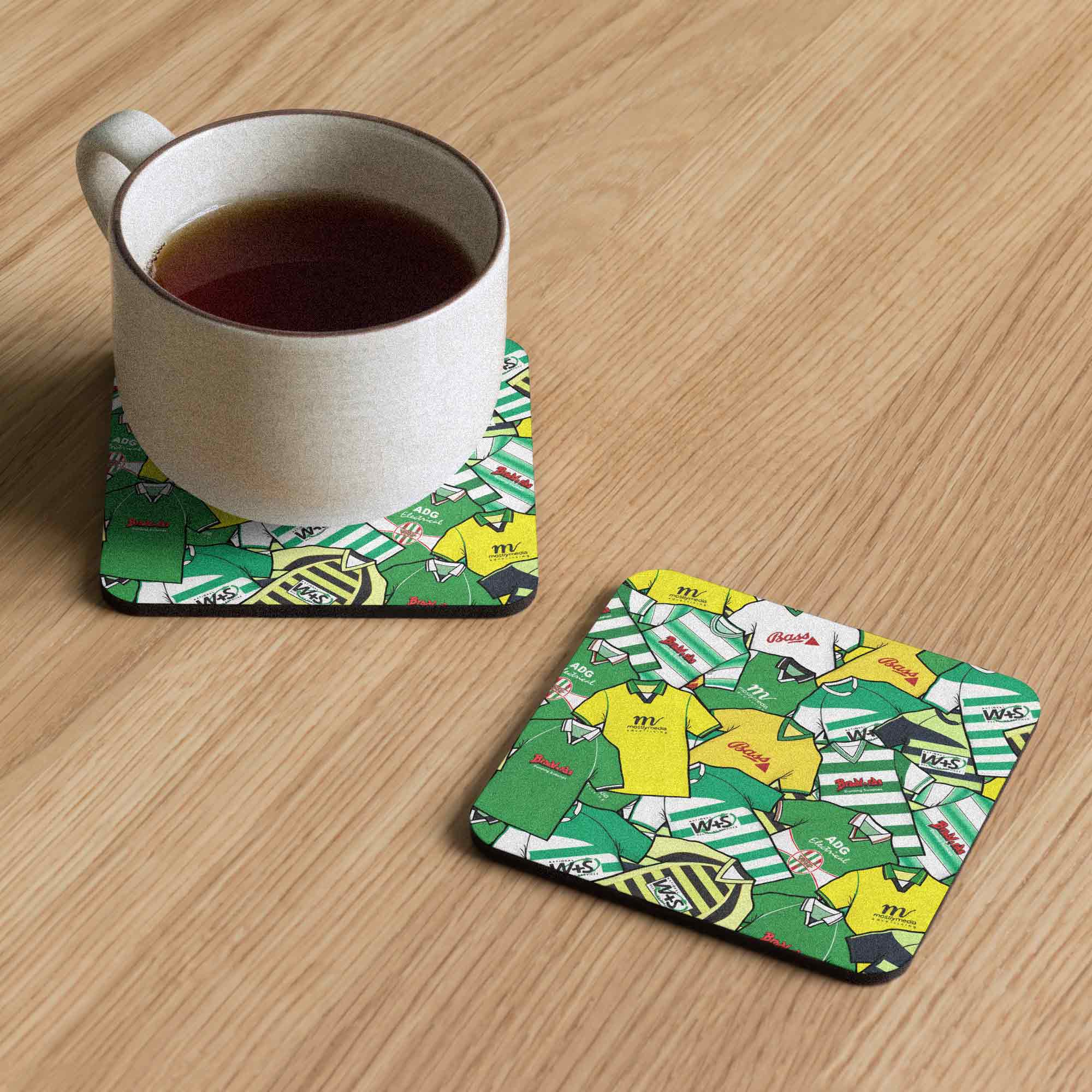 A coaster designed to evoke the iconic Yeovil Town football club shirts of the past, perfect for football enthusiasts, particularly those who support the Glovers. 