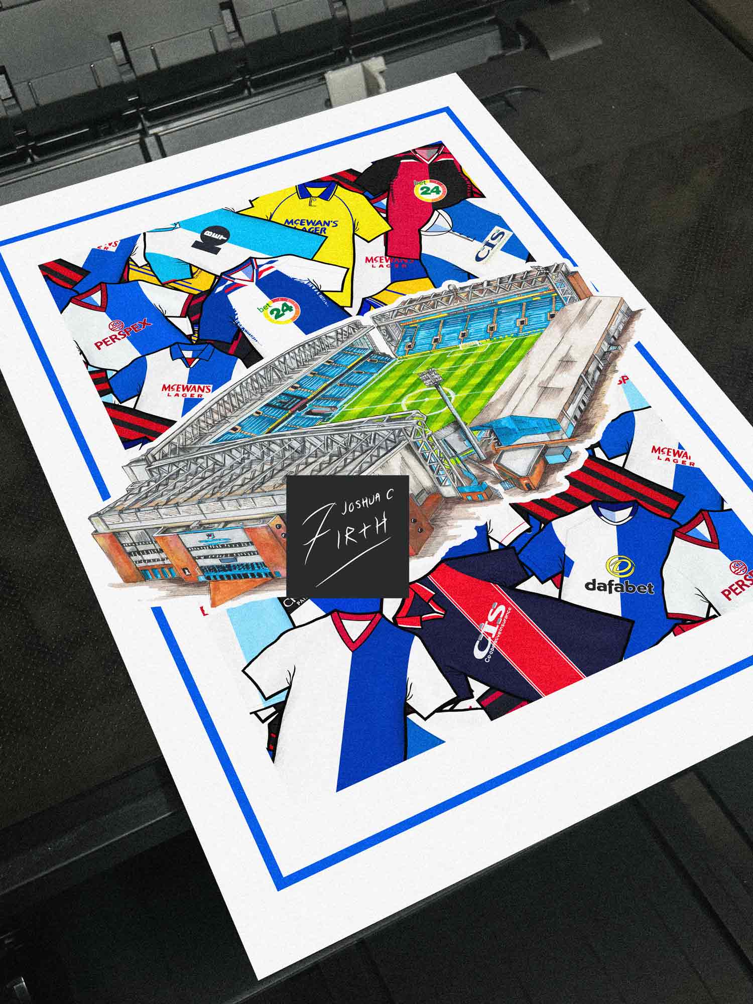 Blackburn Rovers Inspired Kit Collage Retro Shirts & Ewood Park Stadium Football Print