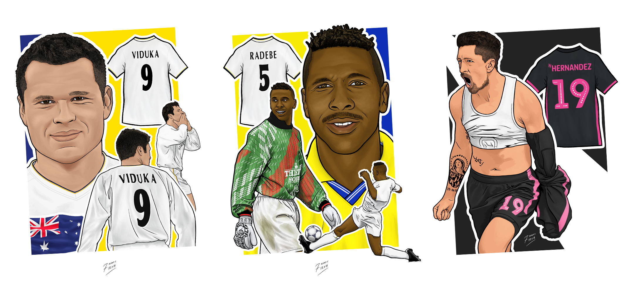 Artwork featuring former Leeds United football players such as Mark Viduka, Lucas Radebe & Pablo Hernandez