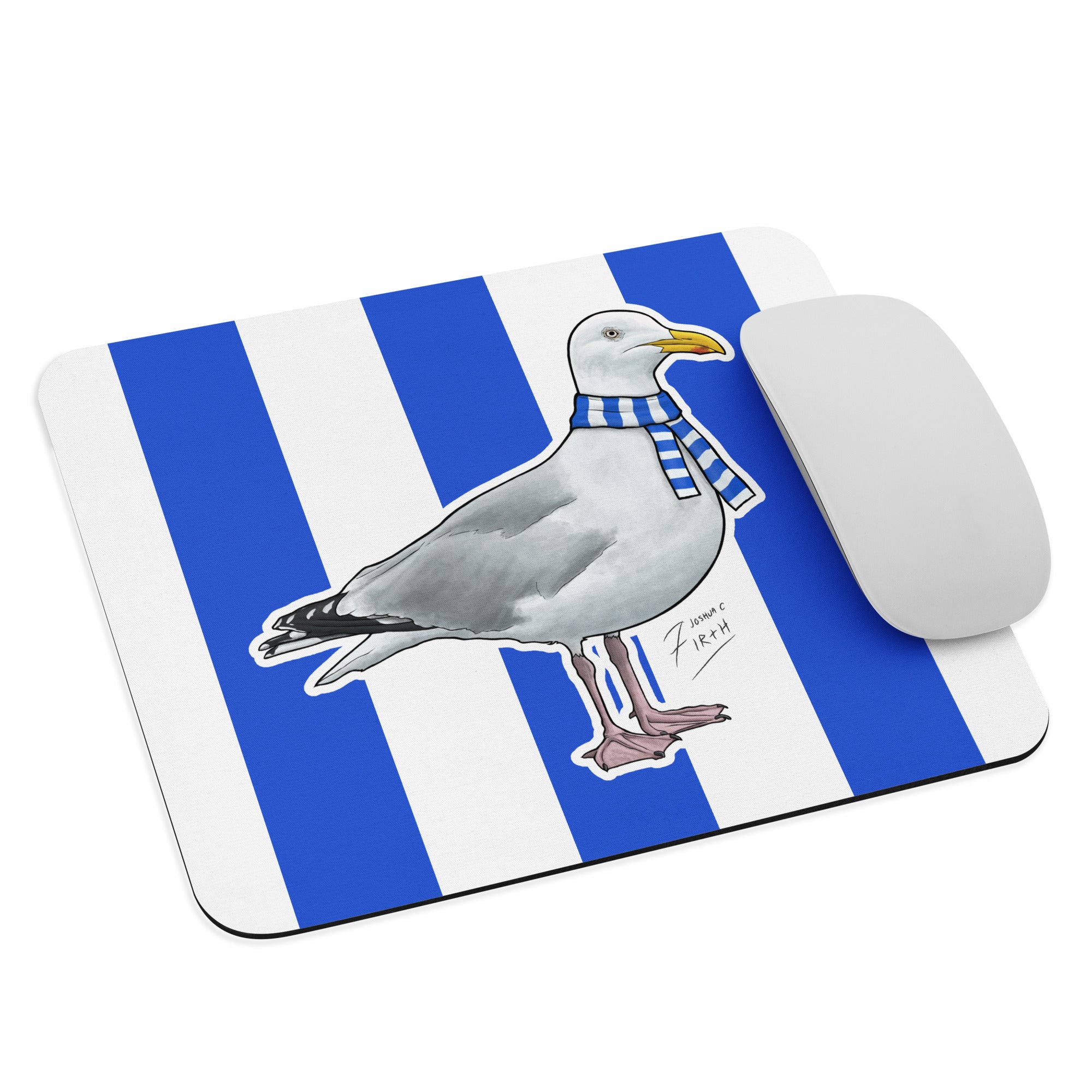 This eye-catching mouse pad features a charming seagull set against bold blue and white stripes — a fun celebration of seaside pride and football passion. Each mouse pad is hand sublimated, ensuring every piece is unique and crafted with care