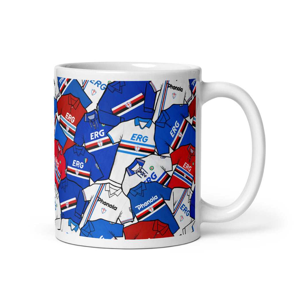 Relive the glory days with this unique mug featuring vintage-inspired artwork of UC Sampdoria's retro shirts. A perfect gift for Blucerchiati fans and football enthusiasts alike. High-quality ceramic mug with a unique design that's sure to stand out.