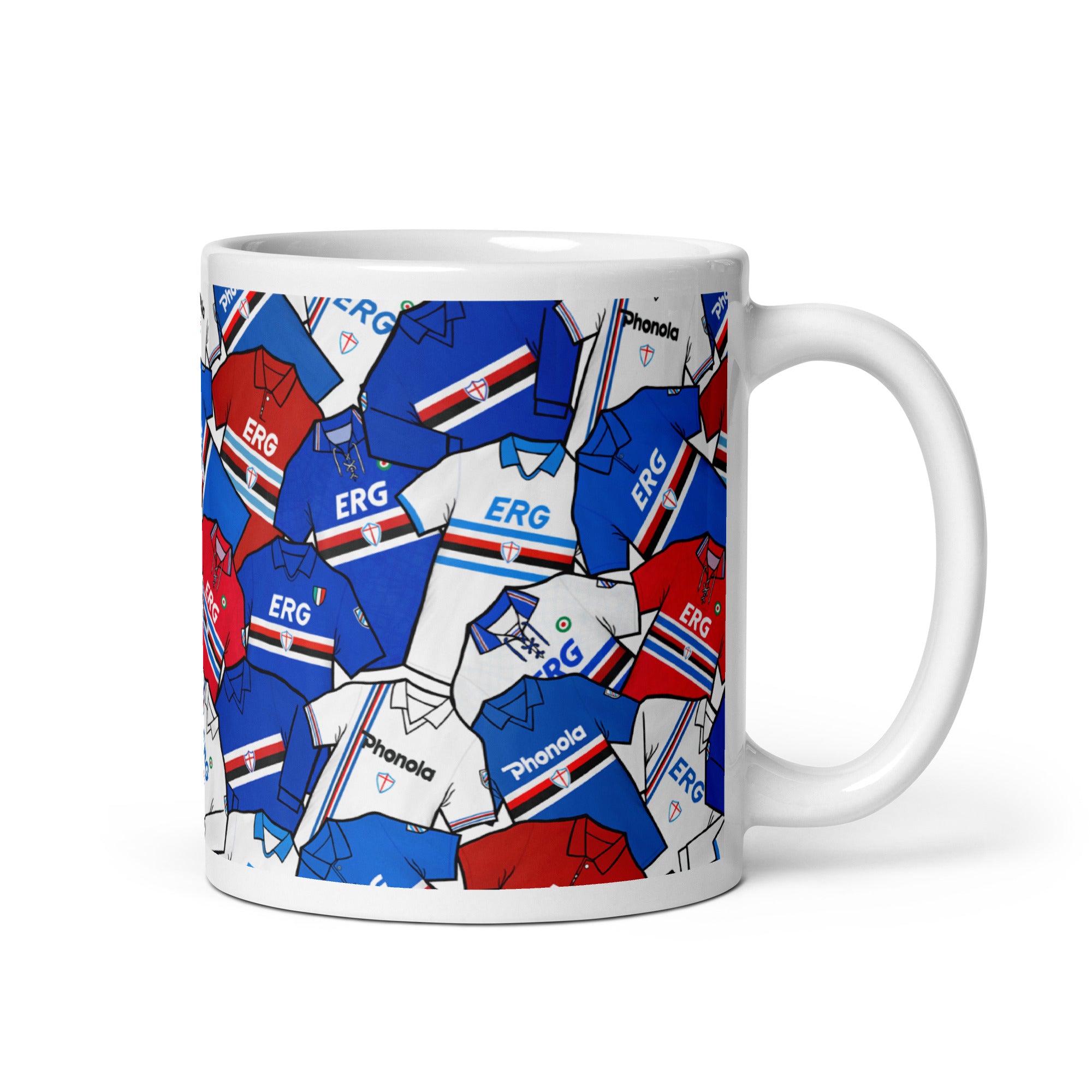 Relive the glory days with this unique mug featuring vintage-inspired artwork of UC Sampdoria's retro shirts. A perfect gift for Blucerchiati fans and football enthusiasts alike. High-quality ceramic mug with a unique design that's sure to stand out.