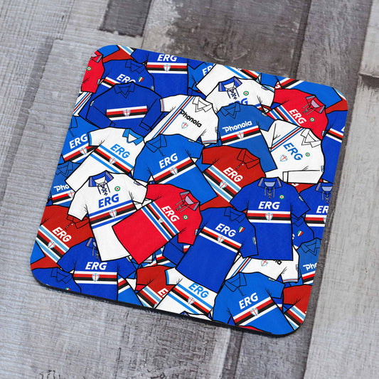 Football artwork inspired by the UC Sampdoria classics of the past on a cork backed coaster, ideal for drinkware! 
