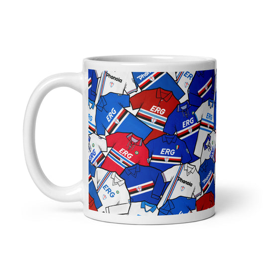 Relive the glory days with this unique mug featuring vintage-inspired artwork of UC Sampdoria's retro shirts. A perfect gift for Blucerchiati fans and football enthusiasts alike. High-quality ceramic mug with a unique design that's sure to stand out.