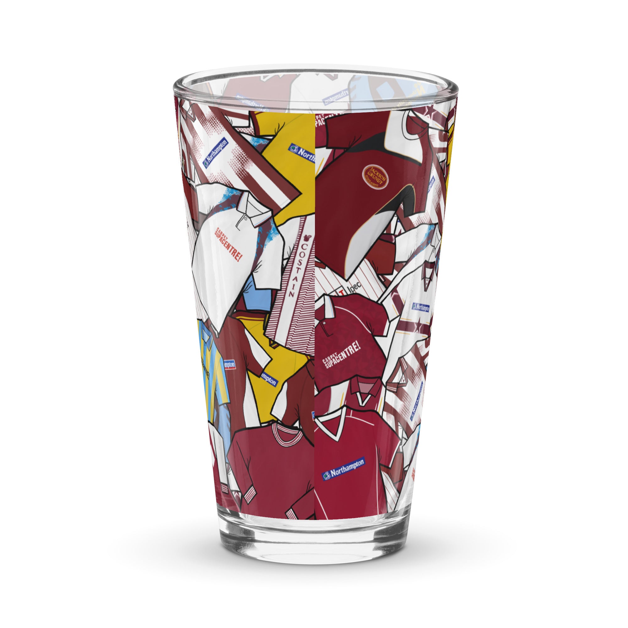 This unofficial fan-made pint glass is inspired by the classic Northampton Town football kits of the past, designed with passion for true Cobblers supporters. Made from high-quality, durable glass, it’s perfect for enjoying your favourite drink while showing off your team pride. A great gift or collectible for fans who appreciate football history and unique memorabilia. Ideal for home bars, match days, or everyday use. Ships quickly within the UK and internationally for all supporters.