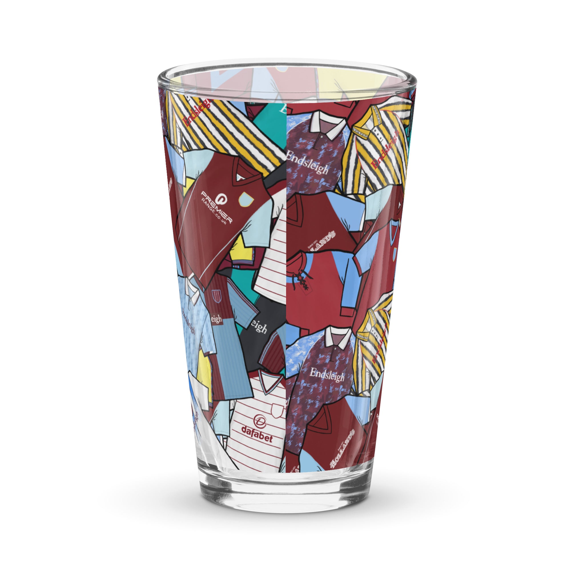 Burnley FC inspired pint glass styled with retro claret and blue football shirt design, perfect for fans and collectors.