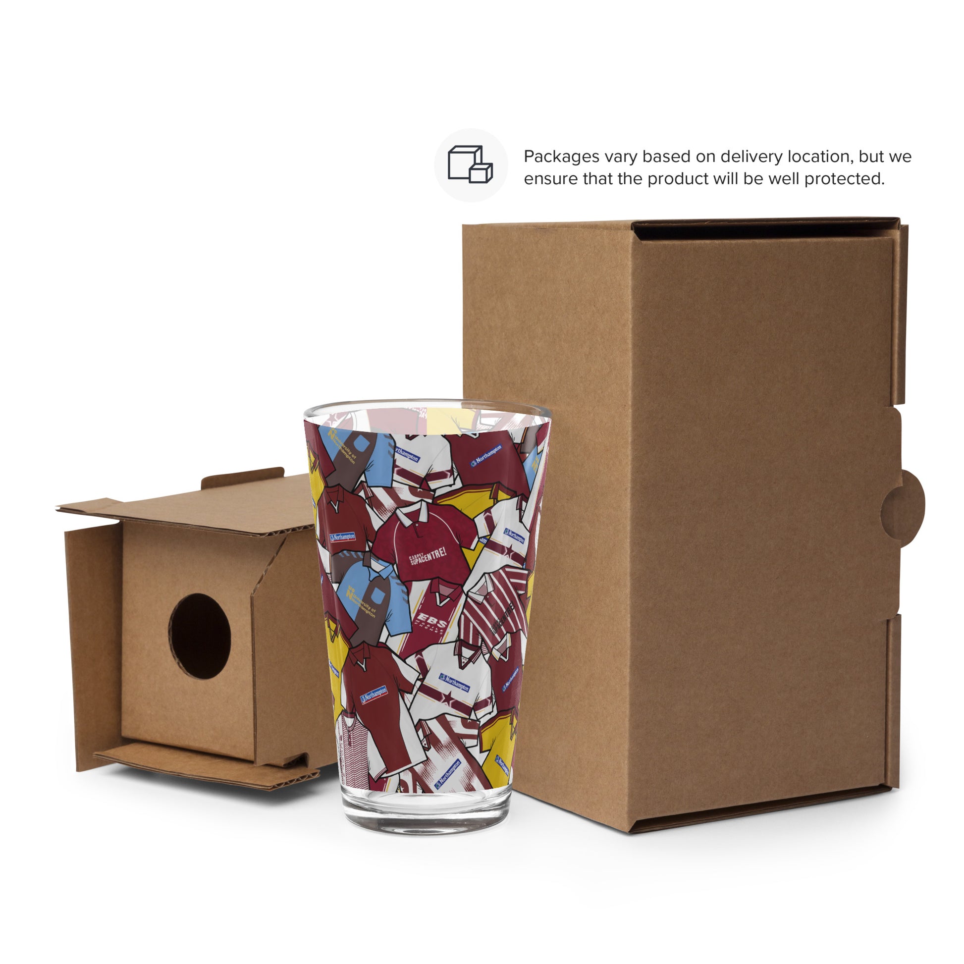 This unofficial fan-made pint glass is inspired by the classic Northampton Town football kits of the past, designed with passion for true Cobblers supporters. Made from high-quality, durable glass, it’s perfect for enjoying your favourite drink while showing off your team pride. A great gift or collectible for fans who appreciate football history and unique memorabilia. Ideal for home bars, match days, or everyday use. Ships quickly within the UK and internationally for all supporters.