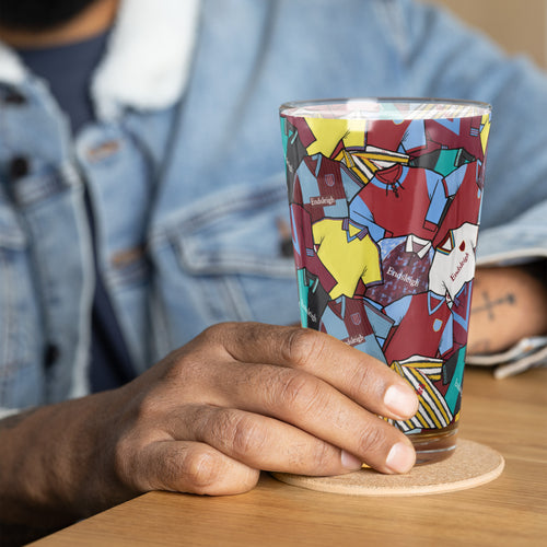 Burnley FC inspired pint glass styled with retro claret and blue football shirt design, perfect for fans and collectors.