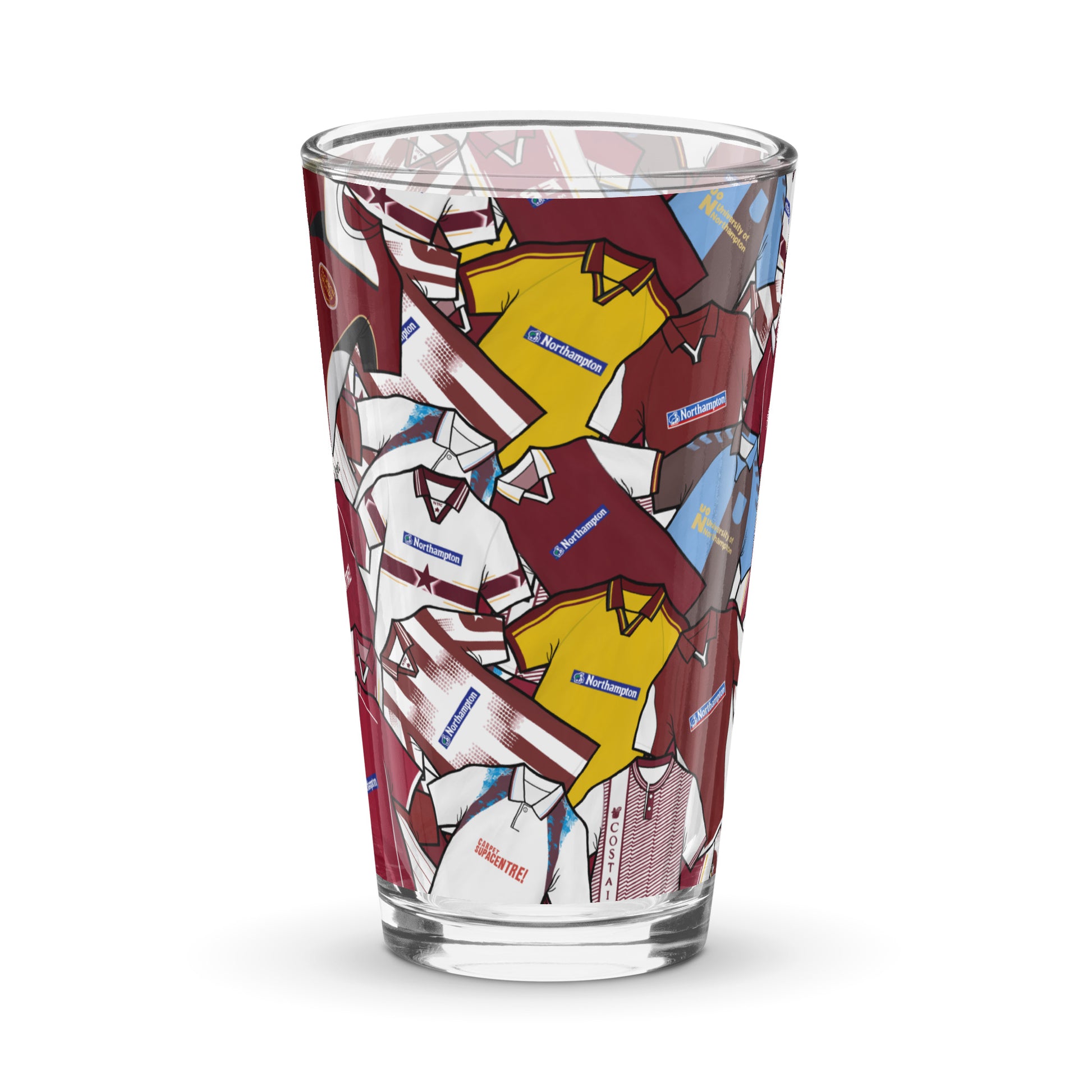 This unofficial fan-made pint glass is inspired by the classic Northampton Town football kits of the past, designed with passion for true Cobblers supporters. Made from high-quality, durable glass, it’s perfect for enjoying your favourite drink while showing off your team pride. A great gift or collectible for fans who appreciate football history and unique memorabilia. Ideal for home bars, match days, or everyday use. Ships quickly within the UK and internationally for all supporters.