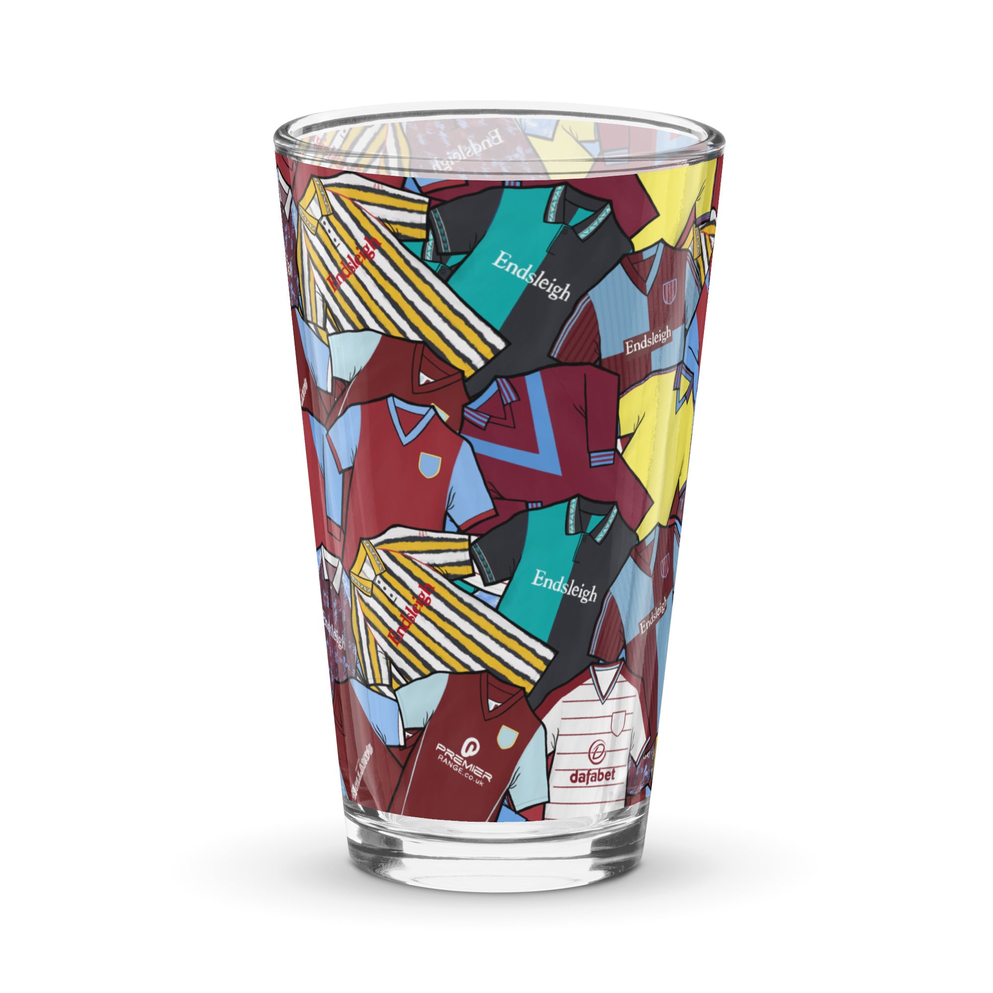 Burnley FC inspired pint glass styled with retro claret and blue football shirt design, perfect for fans and collectors.