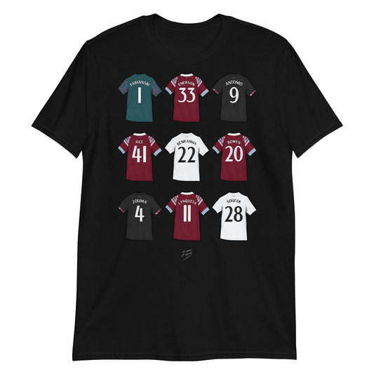 Black T-shirt featuring artwork of jerseys of some of the players involved in West Ham United winning their first trophy in 40 years. A special night in Prague!