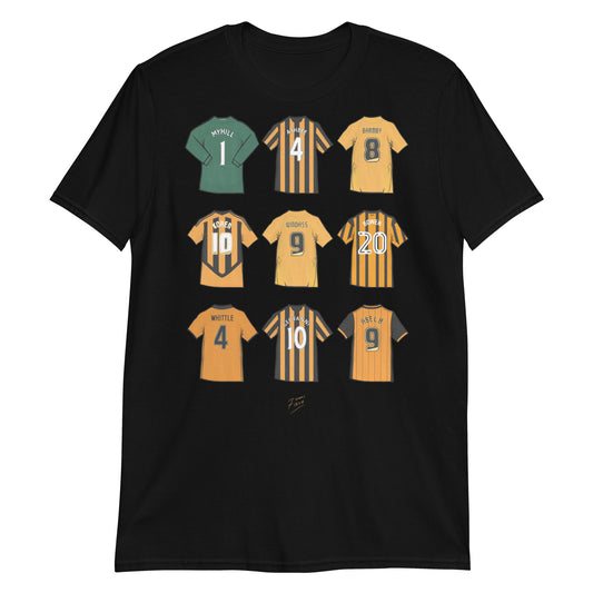 Black Hull Legends of the Tigers Illustrated Football Themed T-Shirt. Legends such as Myhill, Ashbee, Barmby, Koren, Windass, Bowen, Whittle, Geovanni & Abel Hernandez