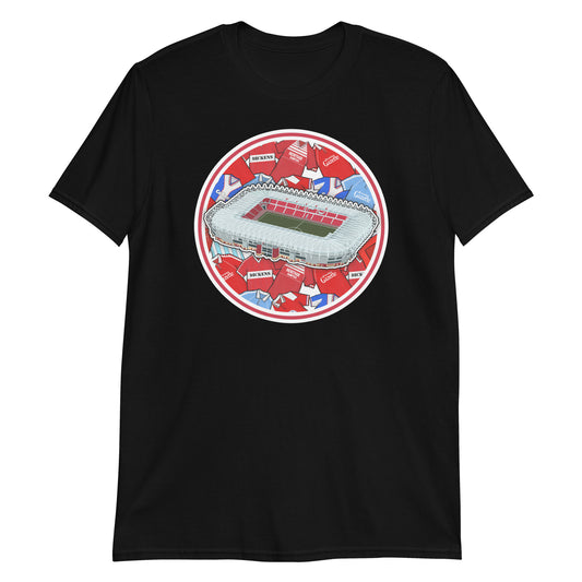 Black Middlesbrough themed T-shirt with illustrated retro art including the Riverside Stadium in North Yorkshire