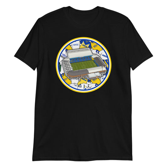 Black Retro themed Leeds United inspired T-shirt featuring the iconic Elland Road Stadium & historic jerseys in the background