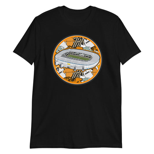 Black T-shirt inspired by the home of Hull City Football Club. Artwork of retro themed background, with the MKM Stadium illustrated on the front! 