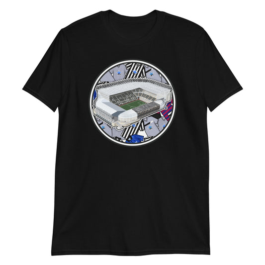 Black Retro Newcastle United inspired T-shirt. Featuring artwork of historic jerseys & the iconic St James Park