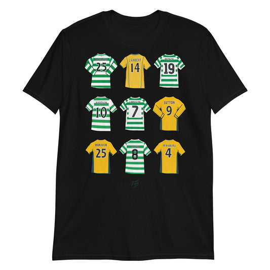 Black T-shirt inspired by the Celtic legends, some of the finest players to have played for the club such as Chris Sutton, Henrik Larsson, John Harrison, Nakamura & more! 