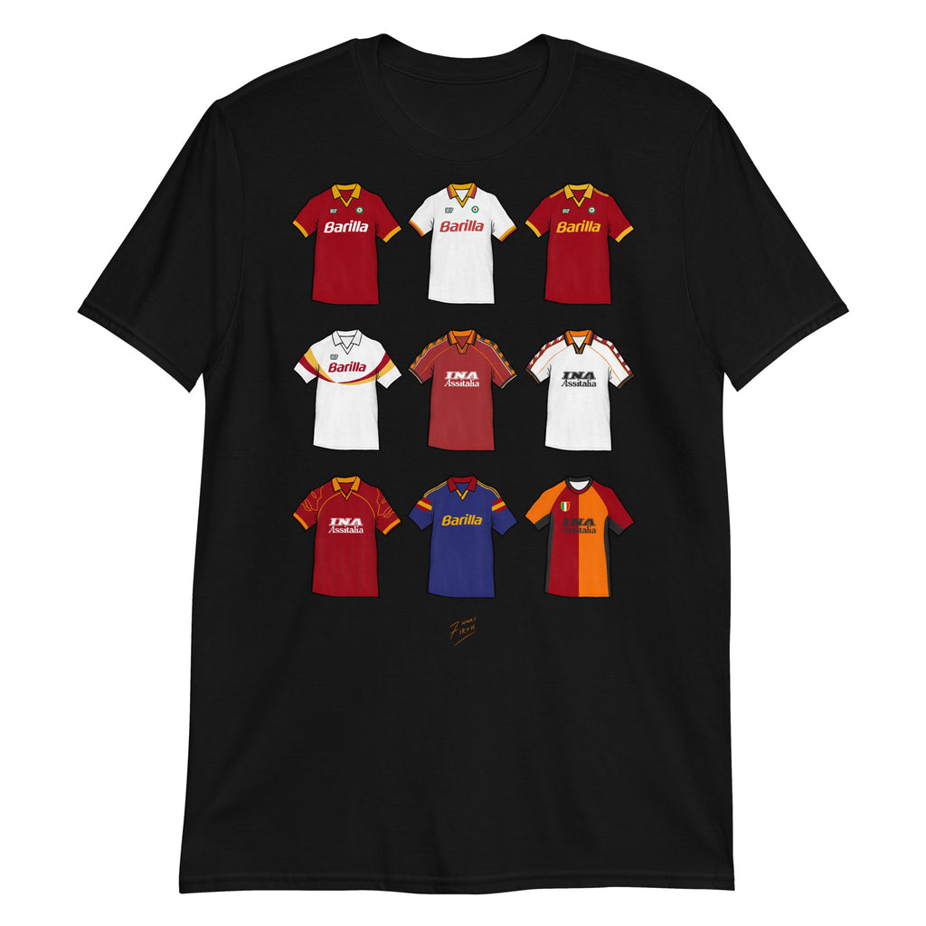 Elevate your football devotion with our AS Roma vintage retro shirt showcasing iconic artwork from 9 legendary designs. Perfect for fans looking to pay homage to the rich history of this historic football club