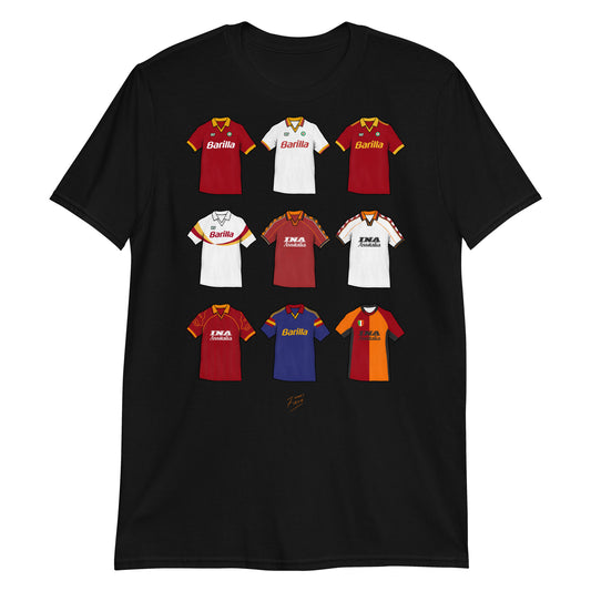 Elevate your football devotion with our AS Roma vintage retro shirt showcasing iconic artwork from 9 legendary designs. Perfect for fans looking to pay homage to the rich history of this historic football club