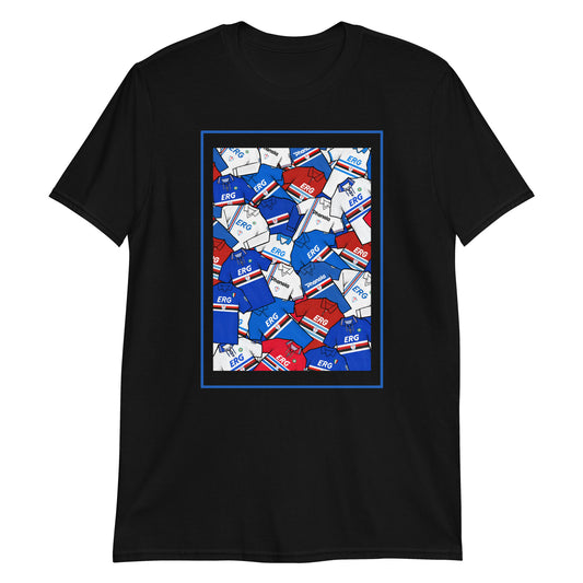 Artwork inspired by the UC Sampdoria jerseys of the past on a T-shirt, one of the biggest football clubs in Italy