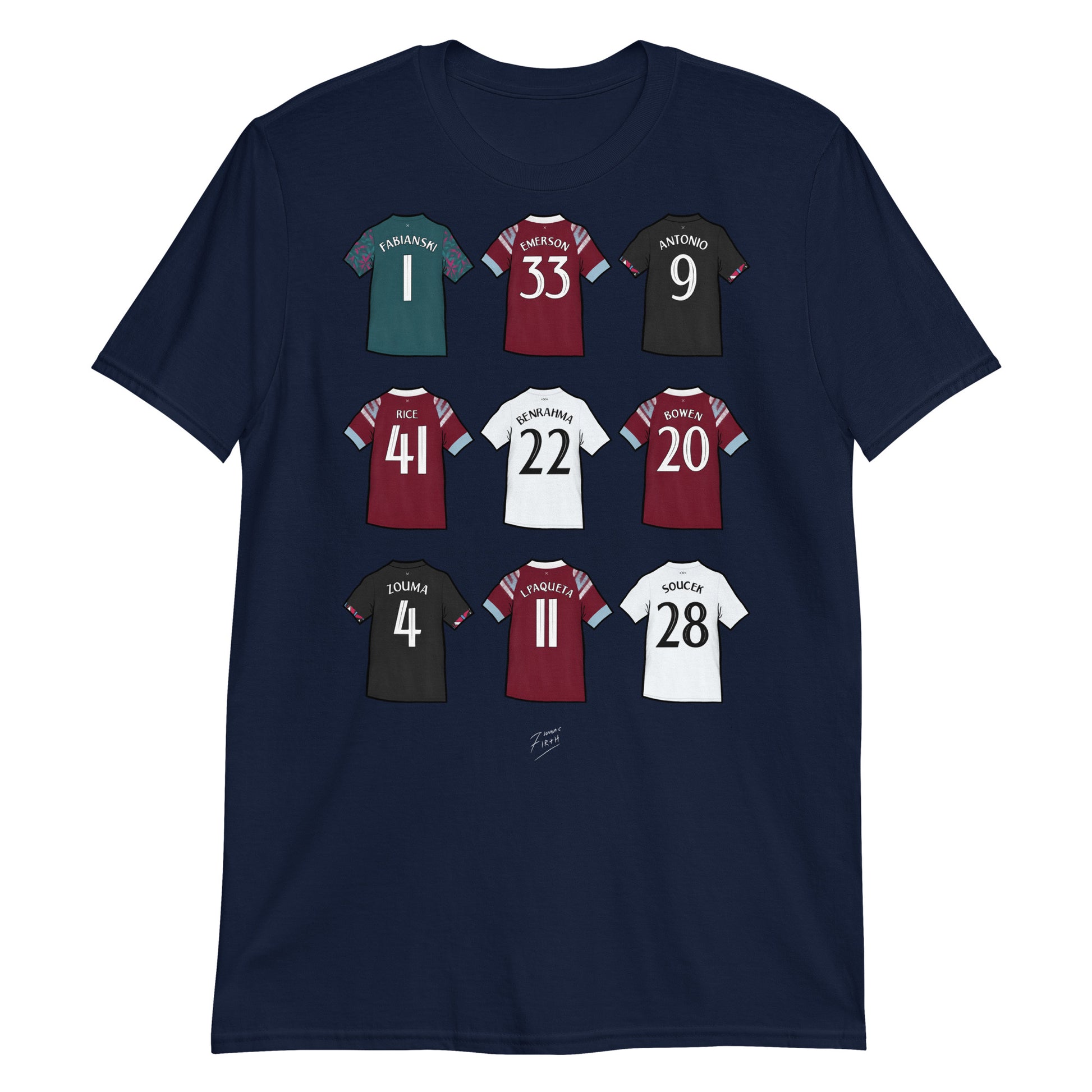 Navy Blue T-shirt featuring artwork of jerseys of some of the players involved in West Ham United winning their first trophy in 40 years. A special night in Prague!