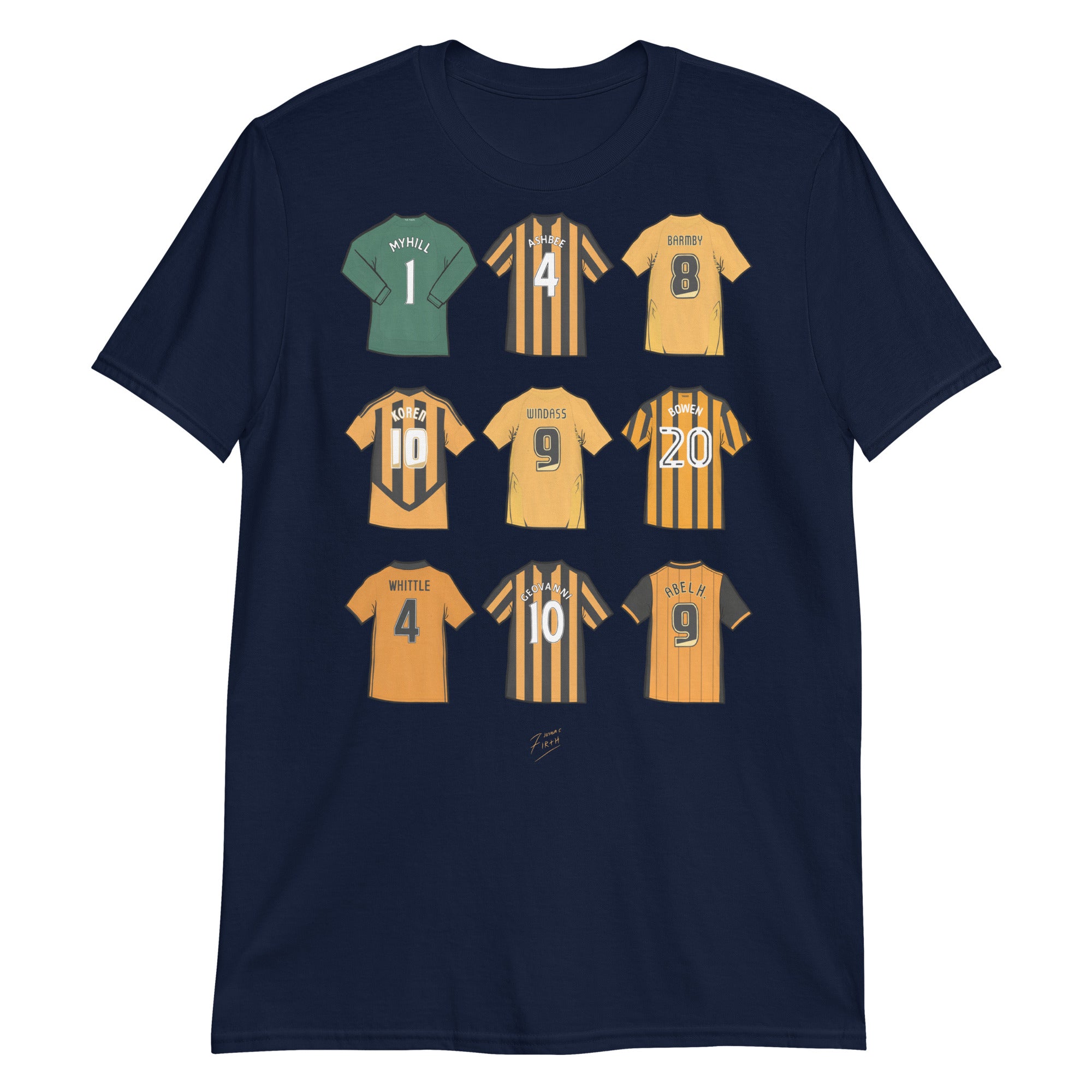 Navy Blue Hull Legends of the Tigers Illustrated Football Themed T-Shirt. Legends such as Myhill, Ashbee, Barmby, Koren, Windass, Bowen, Whittle, Geovanni & Abel Hernandez
