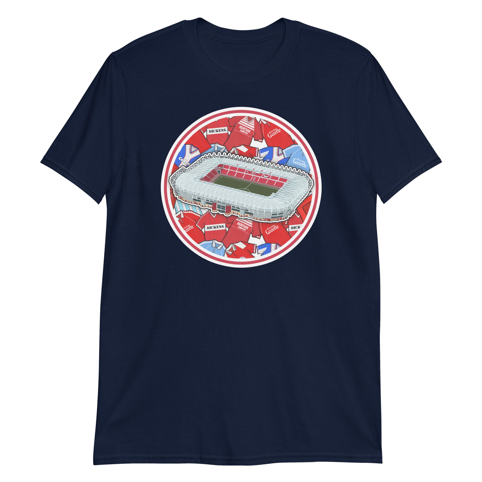 Navy Blue  Middlesbrough themed T-shirt with illustrated retro art including the Riverside Stadium in North Yorkshire