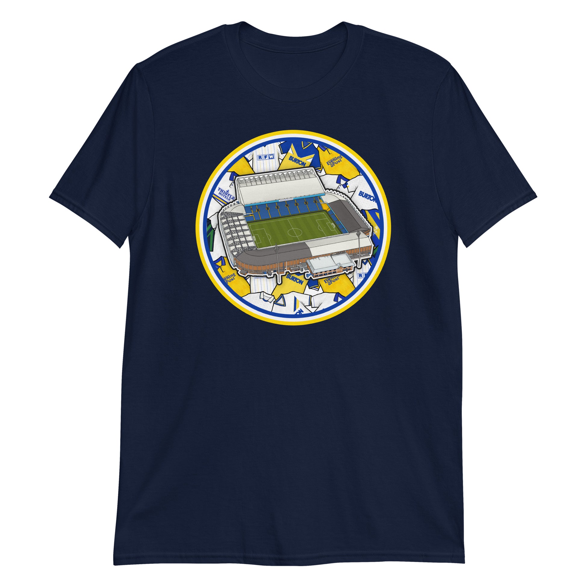 Navy Blue Retro themed Leeds United inspired T-shirt featuring the iconic Elland Road Stadium & historic jerseys in the background
