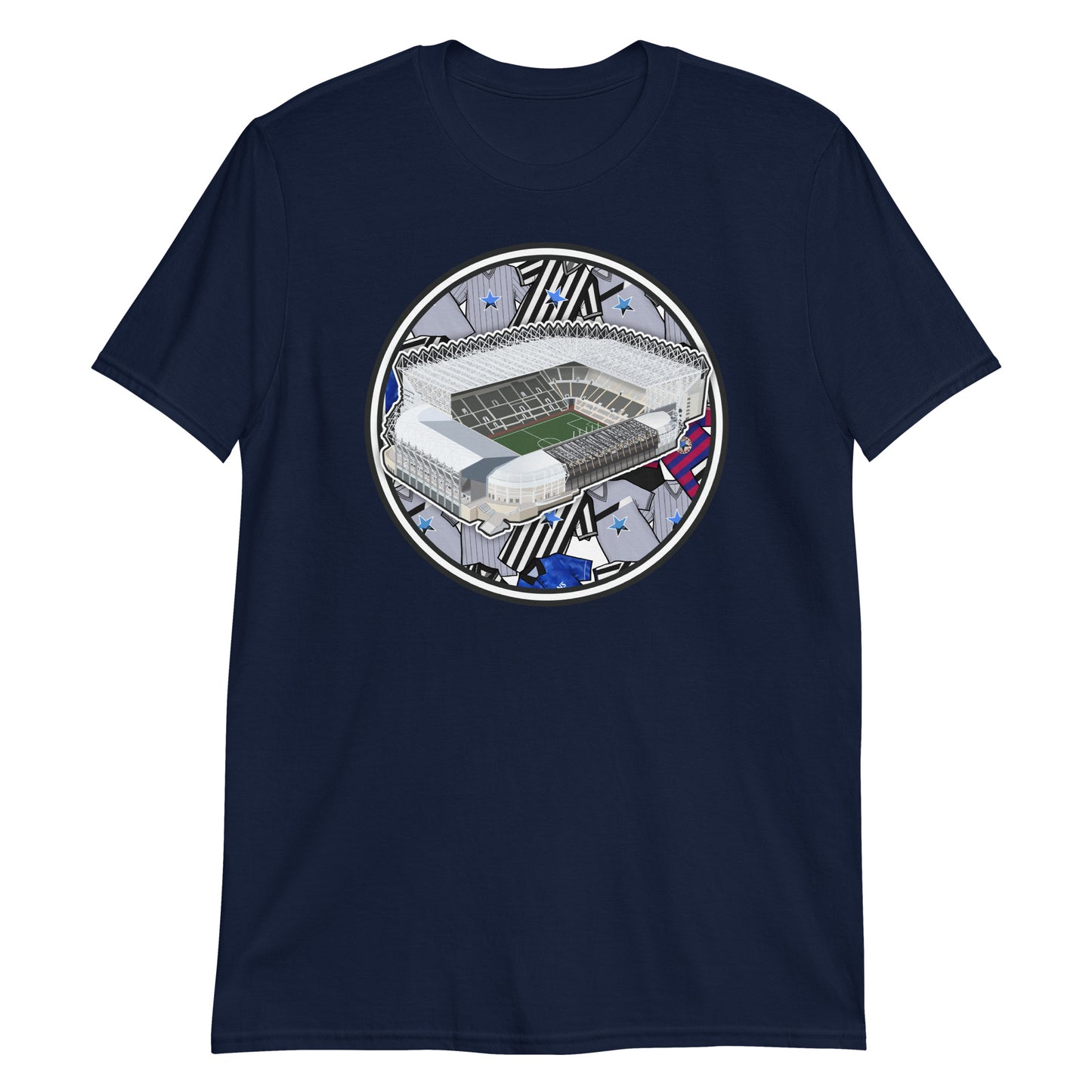 Navy Blue Retro Newcastle United inspired T-shirt. Featuring artwork of historic jerseys & the iconic St James Park