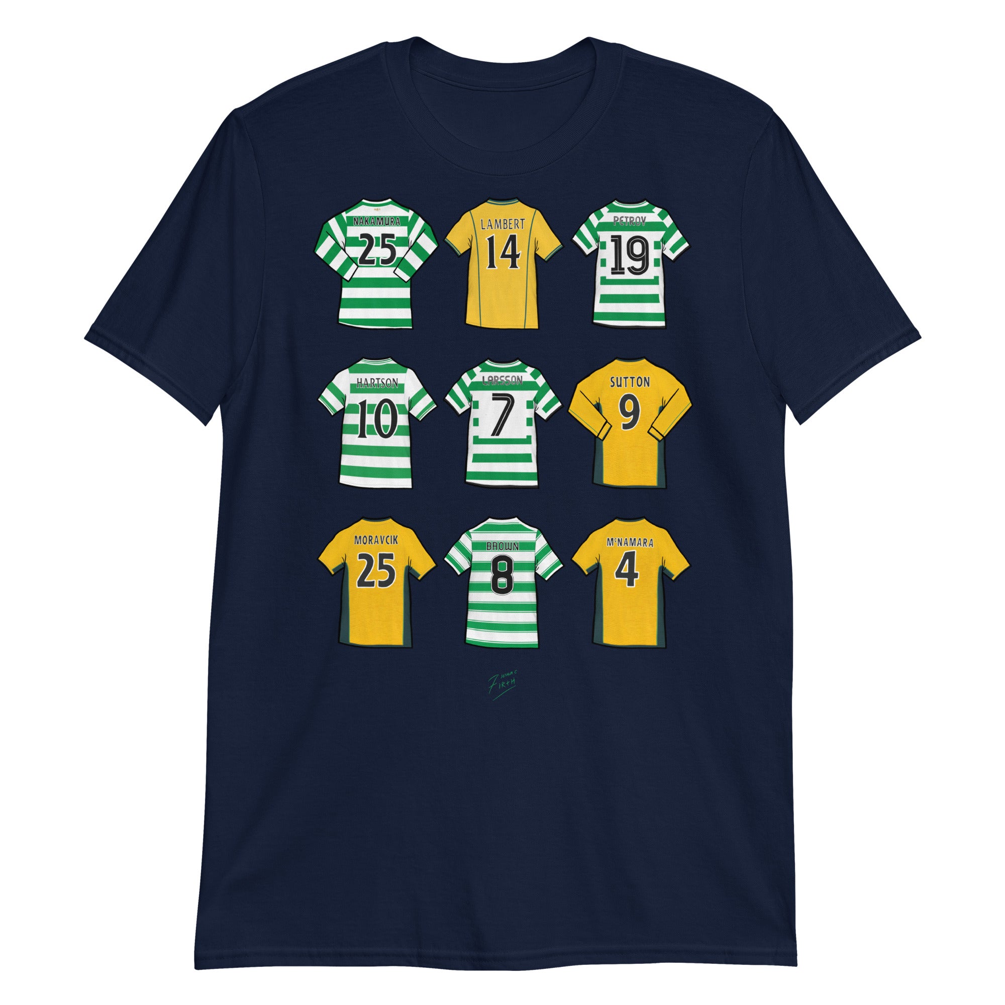 Navy Blue T-shirt inspired by the Celtic legends, some of the finest players to have played for the club such as Chris Sutton, Henrik Larsson, John Harrison, Nakamura & more! 