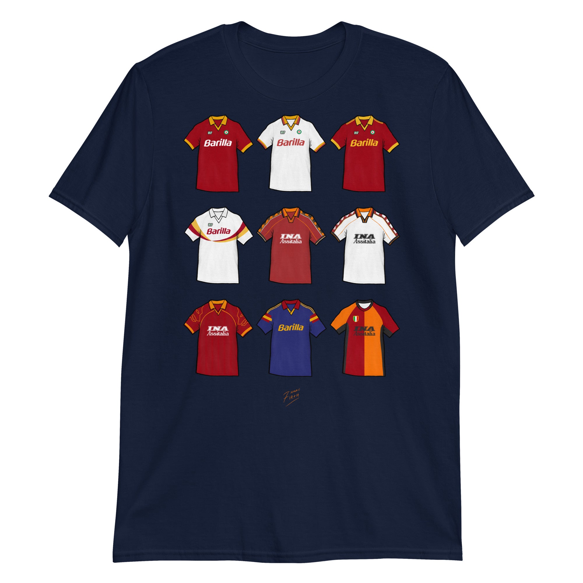 Elevate your football devotion with our AS Roma vintage retro shirt showcasing iconic artwork from 9 legendary designs. Perfect for fans looking to pay homage to the rich history of this historic football club