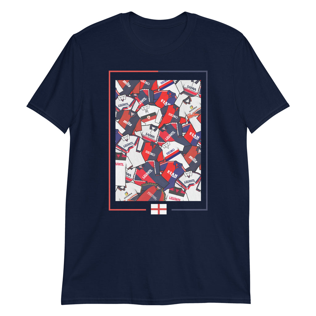Artwork inspired by the Genoa CFC jerseys of the past on a T-shirt, an absolute classic for the oldest football club in Italy
