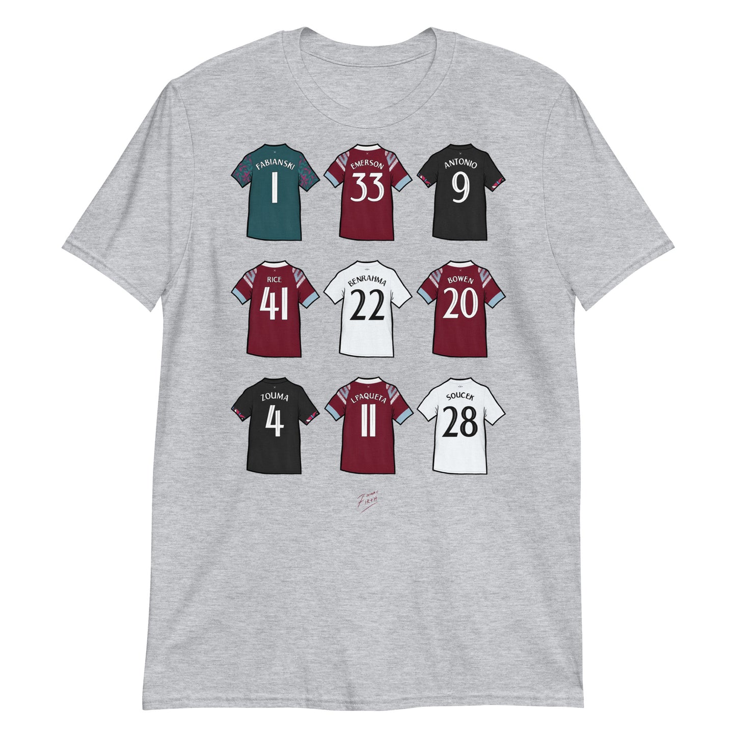 Light Grey T-shirt featuring artwork of jerseys of some of the players involved in West Ham United winning their first trophy in 40 years. A special night in Prague!