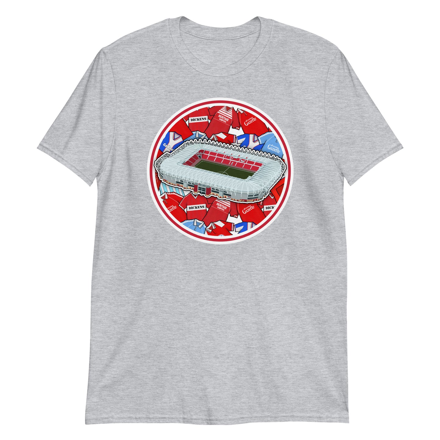 Grey Middlesbrough themed T-shirt with illustrated retro art including the Riverside Stadium in North Yorkshire