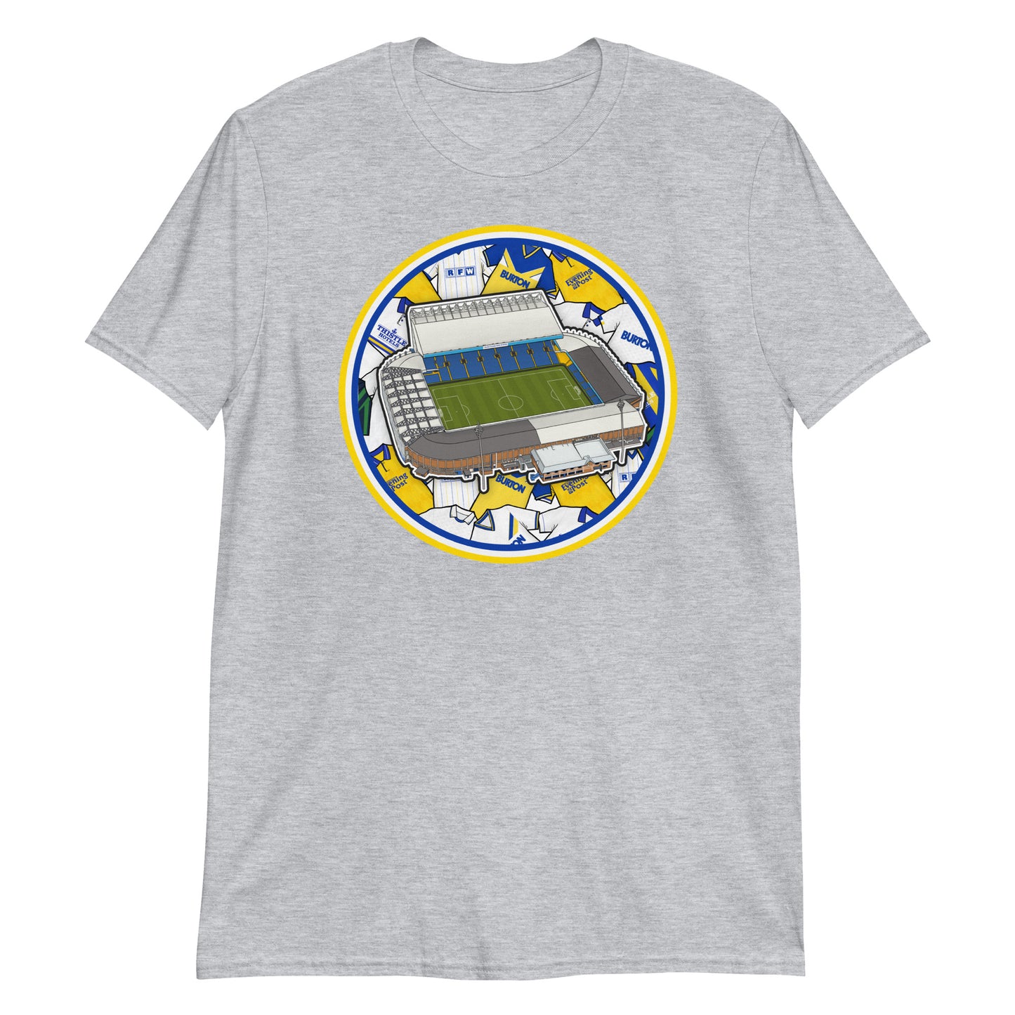 Light Grey Retro themed Leeds United inspired T-shirt featuring the iconic Elland Road Stadium & historic jerseys in the background