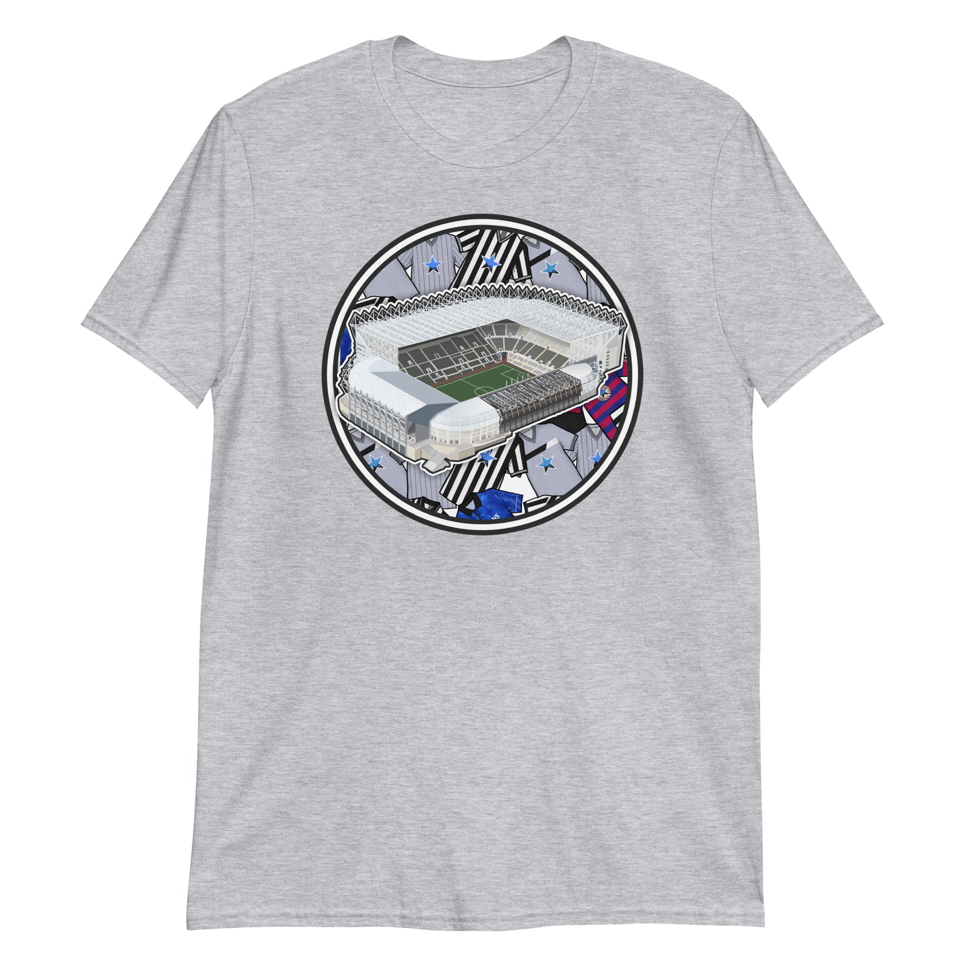 Grey Retro Newcastle United inspired T-shirt. Featuring artwork of historic jerseys & the iconic St James Park